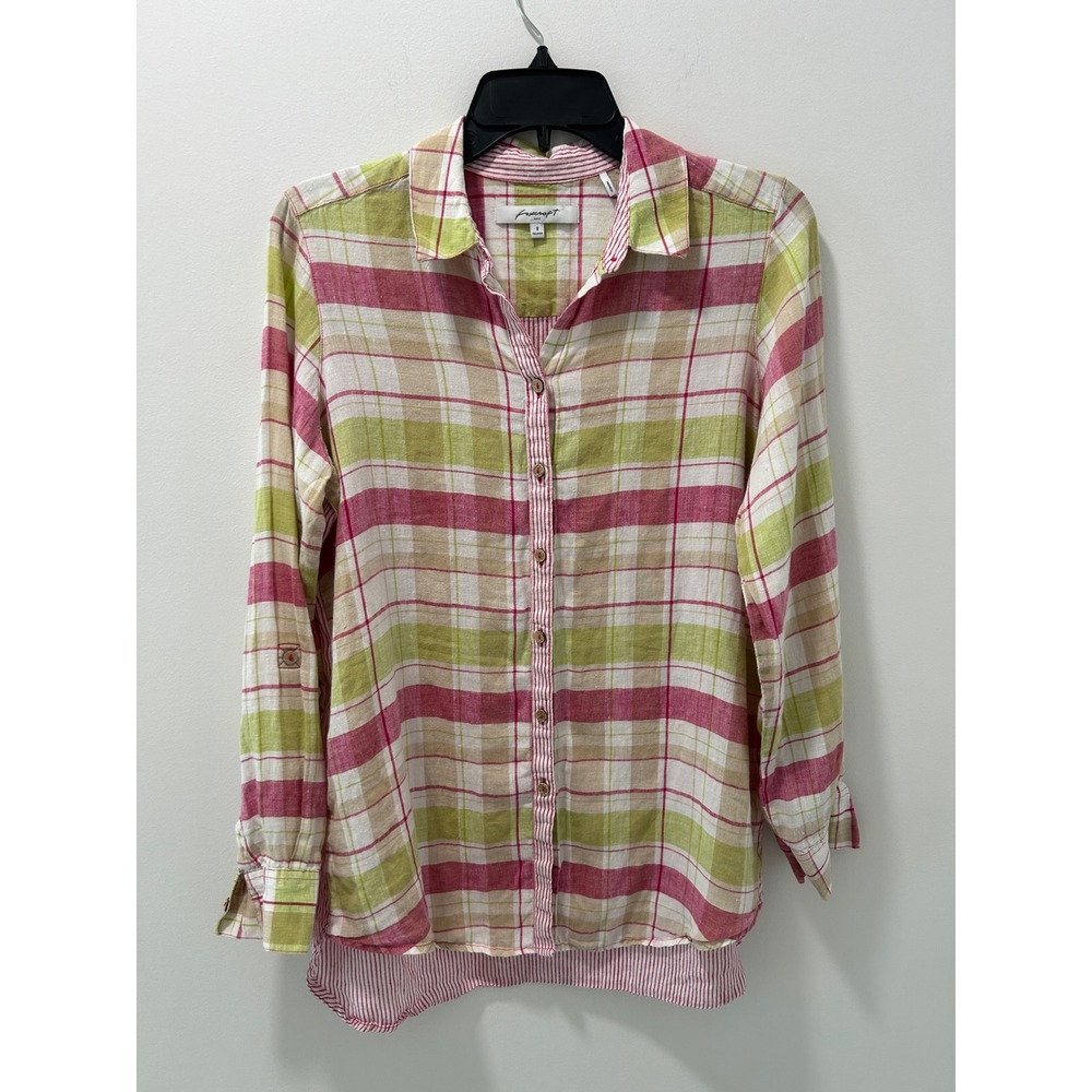 Foxcroft NYC Womens 8 Relaxed 100% Linen Plaid Striped Roll Tab Button Up Shirt